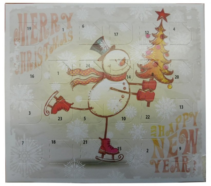 Zmenšený adventní kalendář 40g - Sněhulák na bruslích